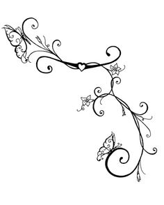 a black and white drawing of a vine with butterflies on it's leaves, which are swirling in the wind