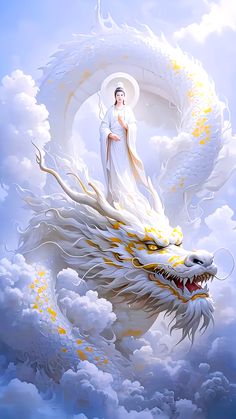 a painting of a person standing on top of a dragon in the sky with clouds