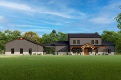 this is an artist's rendering of the front elevation of a modern farmhouse style home