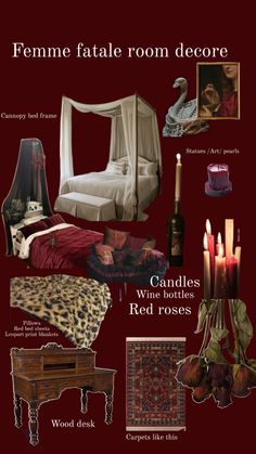 an image of a bedroom with red roses and other things in it, including candles