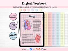 the digital notebook is open and has an image of a human heart on it's page