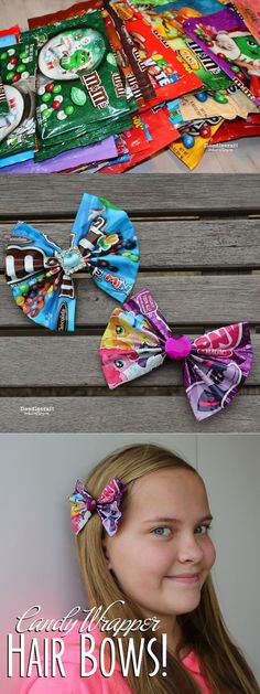 Candy Costumes, Candy Hair, Candy Wrapper, Diy Bows, Candy Crafts, Neck Accessories, Candy Bar Wrappers, Candy Wrappers, Recycled Fashion