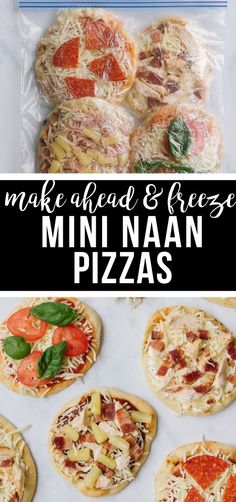 mini pizzas with cheese, tomato and spinach on them in plastic wrappers