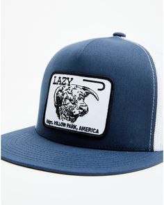 Mid profile. Flat bill. 5 Panel. Soft mesh back. Snapback closure. "Lazy Est.2013" cowhead willow logo patch on front. Blue Trucker Hat With Logo Patch For Outdoor, Blue Snapback Hat With Logo Patch For Sports, Blue Trucker Snapback Hat With Logo Patch, Blue Trucker Baseball Cap With Logo Patch, Breathable Blue Trucker Hat, Sports Trucker Hat With Logo Patch, Willow Logo, Willow Park, Ranch Wear