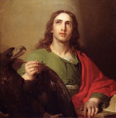 a painting of a man holding a bird