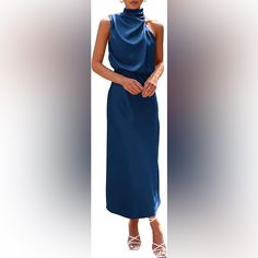 Super Elegant Satin Dress With Mock Neck. Perfect To Wear To A Wedding Or Fancy Night Out. Brand: Prettygarden Size: Medium (Us 8-10) Color: Dark Blue Material: Satin Condition: New With Tags (Nwt) Smoke-Free And Pet-Free Household. Blue Sleeveless Dress For Spring Wedding, Blue Sleeveless Wedding Dress For Spring, Blue Midi Sleeveless Dress For Party, Blue Sleeveless Party Dress, Blue Sleeveless Dress For Summer Evening, Blue Sleeveless Maxi Dress For Prom, Blue Maxi Length Sleeveless Party Dress, Sleeveless Blue Maxi Dress For Evening, Blue Sleeveless Maxi Dress For Evening