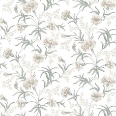 a floral wallpaper with white flowers and green leaves on a white background in pastel shades