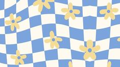 an abstract blue and white checkered background with yellow flowers