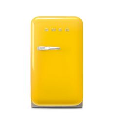 a yellow refrigerator with the door open and a handle on it's left side