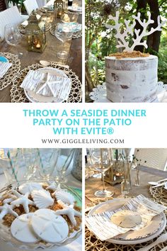 a collage of photos showing different types of food on plates and desserts, with the words throw a seaside dinner party on the patio with evite