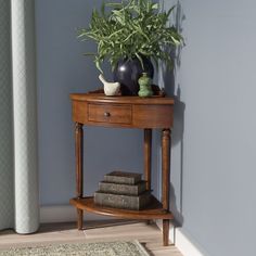 a table with books and a potted plant on it