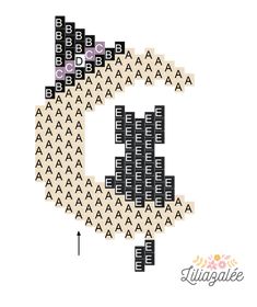 a cross stitch pattern with the letters and numbers in black, purple, and white