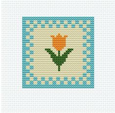 a cross stitch pattern with a single orange flower on a blue and white checkered background