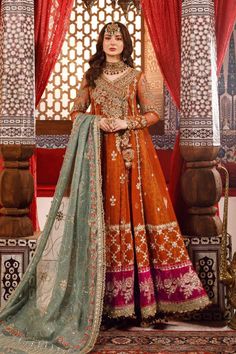 Introducing our Women's Premium Quality Pakistani Indian wedding bridal party dresses, perfect for mehndi, nikkah, engagement, reception, barat, walima, sangeet, mayu and everyday wear, available in all sizes, order now! a timeless piece crafted for those who appreciate classic style and superior craftsmanship. Inspired by the iconic design, these dress made in different style, lehenga, maxi, gown, sharara, saree, salwar kameez making it an essential addition to any wardrobe. Color:  Burnt Orang Angrakha Style Dresses, Indian Wedding Dresses, Embroidery Clothes