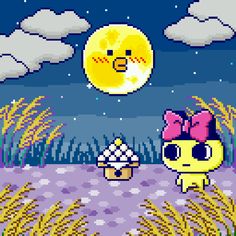 an image of a pixel art scene with a cat and mouse in the grass under a full moon