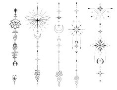 an assortment of different tattoo designs on white paper with black and white ink, including the symbols