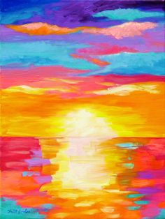 an abstract painting of the sun setting over water with clouds in the sky and bright colors