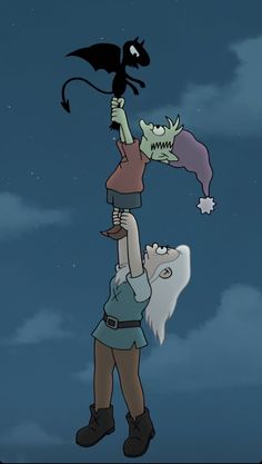 an animated image of a person reaching up into the sky with a demon on his head