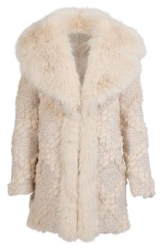 Brace yourself for chilly weather without compromising on glamour in a luxurious faux-fur and bouclé-knit coat framed by an ultracozy shawl collar. 33" length Front hook-and-eye closure Shawl collar Side-seam pockets Lined 100% polyester faux fur with 100% polyester back Dry clean Imported Winter White Sheepskin Outerwear With Faux Fur Trim, Chic White Sheepskin Outerwear, Cream Fur Coat With Faux Fur Lining, Cream Faux Fur Coat With Faux Fur Lining, Luxury Fluffy Faux Fur Outerwear, Glamorous Winter Outerwear With Feather Trim, Luxury Winter White Fur Coat For Winter, Luxury Winter White Fur Coat, Glamorous Faux Fur Outerwear With Faux Fur Lining