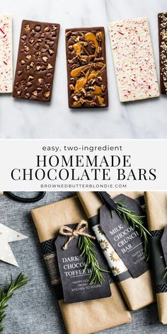 homemade chocolate bars with rosemary sprigs on top and text overlay that reads easy, two - ingredient homemade chocolate bars