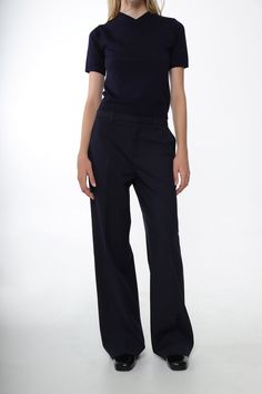 GLASS PANT IN NAVY – SANDY LIANG Navy Straight Leg Dress Pants For Work, Navy Tapered Leg Pants For Work, Navy Tapered Leg Workwear Pants, Elegant Navy Wide-leg Bottoms, Elegant Navy Wide-leg Pants, Classic Navy High-waisted Pants, Classic Navy Bottoms For Office, Navy High-waisted Pants For Work, Navy Wide-leg Workwear Bottoms