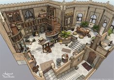 this is an image of a large house with lots of rooms and stairs in it