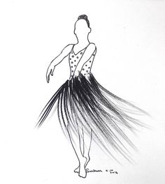 a black and white drawing of a woman in a dress with feathers on her skirt