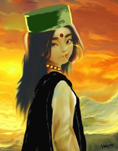 a painting of a woman wearing a hat with her nose ring in front of an orange sky