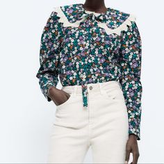 Brand New With Tag! Zara Top Print Blouse With Lace Trim! Multicolor Casual Fall Top With Lace Collar, Casual Lace Collar Blouse For Spring, Trendy Tops With Lace Collar For Spring, Trendy Top With Lace Collar For Spring, Trendy Lace Collar Top For Spring, Casual Shirt With Lace Collar, Zara Green Cotton Blouse, Spring Floral Print Blouse With Collar, Spring Floral Print Collared Blouse