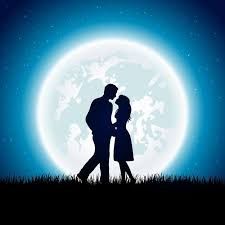 a man and woman standing in front of the moon with their arms around each other