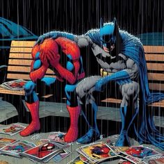 the batman and spider - man are sitting on a park bench in the rain together