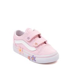 Vans Old Skool V Skate Shoe - Baby / Toddler - Pink / Floral | Journeys Custom Baby Vans Shoes, Kids Kawaii Shoes, Shoes Nicks White Kidsl, Shoes For Kids Png, Vans Shoes Baby Shower, Toddler Shoe Trends, Snikers Shoes For Kids, Custom Baby Shoes Glitter, Wavy Baby Vans