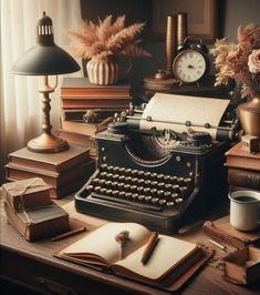 an old fashioned typewriter sitting on top of a desk next to books and other items