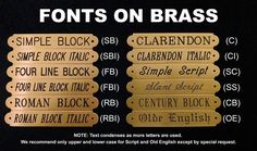 four different types of font and numbers on brass plated labels for books or magazines