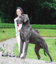 a woman standing next to a large black dog