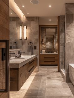 a large bathroom with two sinks and a bathtub