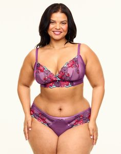 This beautiful bralette is unlined and made with purple floral embroidery for an extra romantic touch. Emilie's straps are adjustable for a customized fit, and she provides light support and coverage. (Available in plus-sizes 1X-4X.) Purple Fitted Bra With Adjustable Straps, Fitted Purple Bra With Adjustable Straps, Purple Underwire Bra With Removable Pads, Spring Full Coverage Partially Lined Bra, Purple Full Coverage Bra With Padded Cups, Purple Padded Bra For Spring, Purple Underwire Bra Partially Lined, Spring Purple Bra With Padded Cups, Purple Partially Lined Underwire Bra