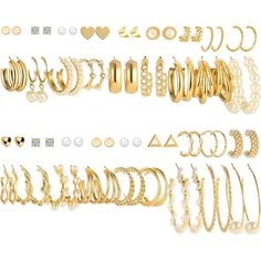 *Gold Earring Seta Pair Of Fashion Earrings Weigh Only About 1.5g-5.5g, Lightweight And Comfortable To Wear. Each Packing Including 9pairs Gold Hoop Earrings, Diameter:11mm,18mm,24mm,25mm,39mm.Please Refer To The Size Photo For The Size Of Each,It Will Not Be Your Burden But Makes You To Be A Focus In The Crowd. *Earingings For Women Setthis Women Earrings Set Includes 36 Pairs Different Styles Earrings, Such As Kinds Of Different Stylish Chunky Hoop Earrings, Triple Earrings, Heart Earrings, Pe Gold Earrings Set, Pearl Earring Set, Hoop Earring Sets, Pearl Hoop Earrings, Drop Dangle Earrings, Christmas Gift Jewelry, Hypoallergenic Earrings, Party Jewelry, Pearl Chain