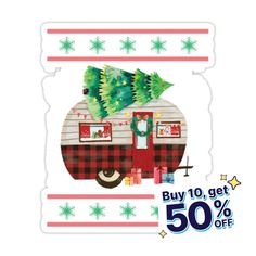 a sticker with an image of a camper and christmas tree