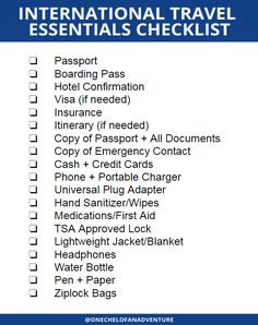 the international travel checklist is shown in blue and white, with text on it