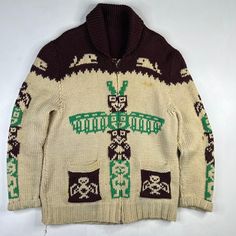 Vintage Hand Knit Wool Cowichan Siwash Jacket Native American Totem Pole (Rare, hard to find design) Approx Sz: Large/XL (No tag, please see measurements) Condition: Overall excellent pre-owned condition. Zips up and down perfectly. Stains as shown. Very thick, heavy weight knit. Smoke free home. Pet friendly home. Rare find at this size. Approx Measurements Pit to Pit 23"  Collar to Bottom 32"  Pit to end of Sleeve 20" Native American Totem Poles, Native American Totem, Totem Pole, Heavy Weight, Sweater Outfits, Nativity, Hand Knitting, Native American, Favorite Outfit