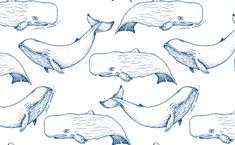 an image of whales in blue ink on white paper, seamless ornament pattern