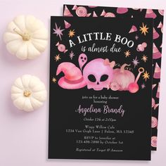 a little boo is almost due baby shower party with pink skulls and stars on black