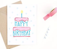 a birthday card with the words happy birthday written in blue and pink on it next to some confetti