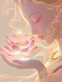 a beautiful woman holding a pink flower in her hand with the light shining on her face