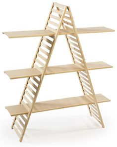 a wooden shelf with three shelves on each side and two ladders at the top