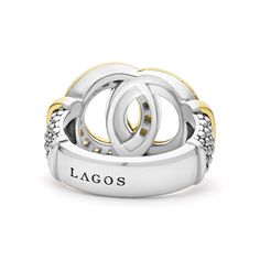 18K gold, diamonds, and sterling silver Caviar beading form this interlocking statement ring. LAGOS diamonds are the highest quality natural stone. Louis Moinet, Interlocking Ring, Statement Rings Diamond, Crystal Figurines, Ring Size 7, Statement Ring, Natural Stone, Statement Rings, Natural Stones