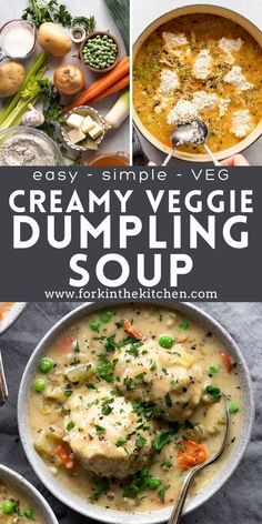 creamy vegetable dumpling soup in a bowl with spoons and vegetables on the side