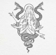 a black and white drawing of a woman with two snakes on her back, sitting in the