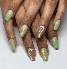 Green Orange Nail Art, Green And Orange Nail Designs, Green And Orange Fall Nails, Nails Green Orange, Orange And Green Nail Designs, Orange Green Nails, Green Orange Nails, Green And Orange Nails, Orange And Green Nails